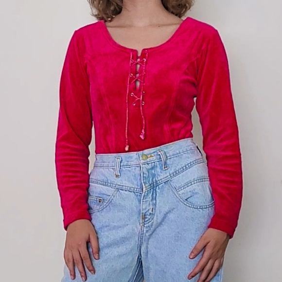 Jeans Wear Hot Pink Velour Bodysuit Womens Small Long Sleeve 80s Lace Up Vintage - Picture 1 of 7